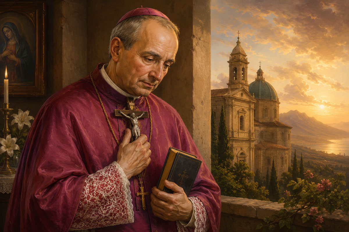 St. Alphonsus Liguori, Doctor of the Church, holding a crucifix and prayer book before an Italian church at sunrise