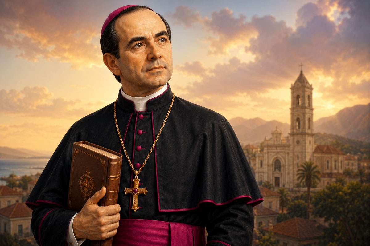 St. Anthony Mary Claret holding a book with a church and Spanish landscape in the background