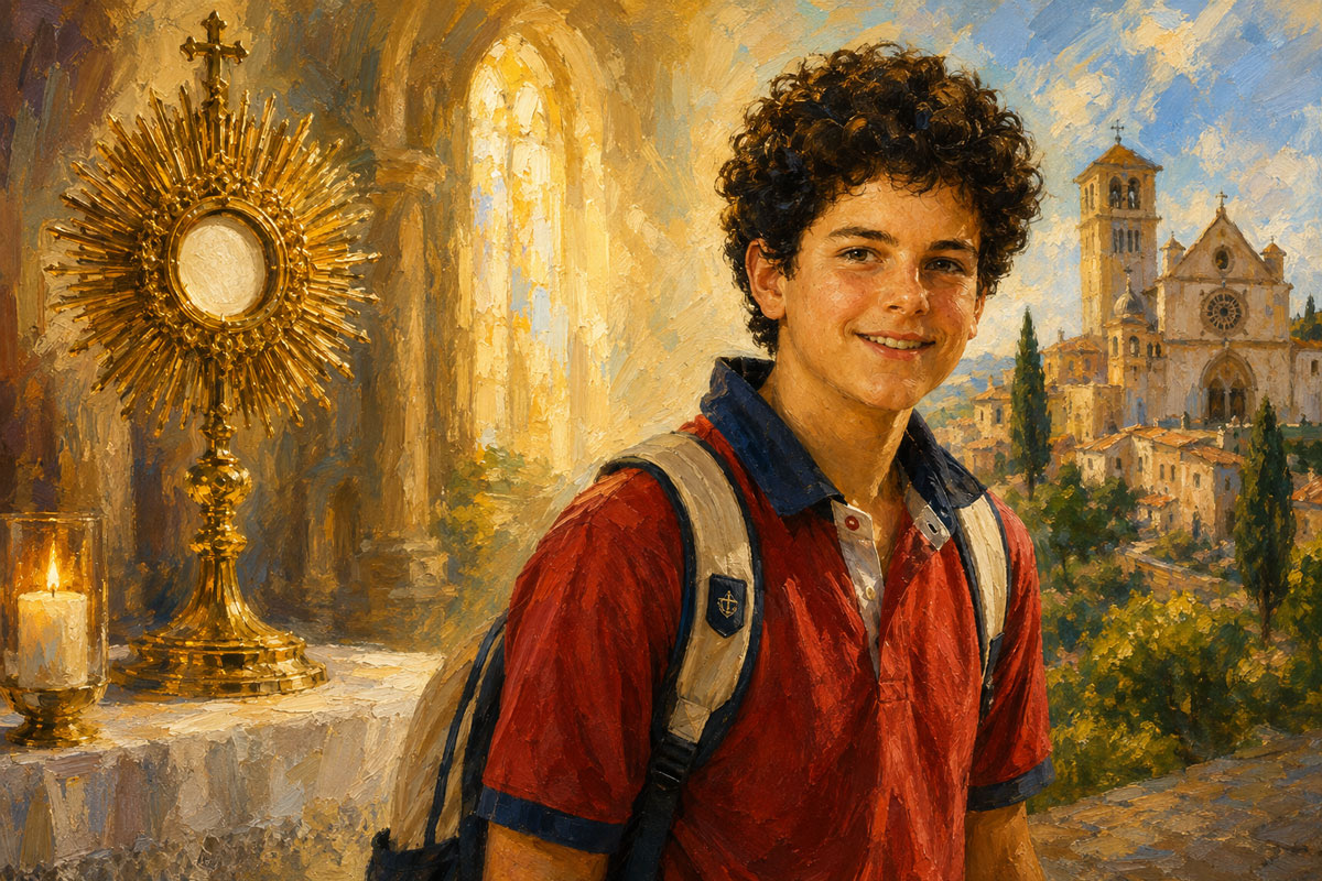 St. Carlo Acutis with the Eucharist, illustrating his devotion to Christ and example of everyday holiness