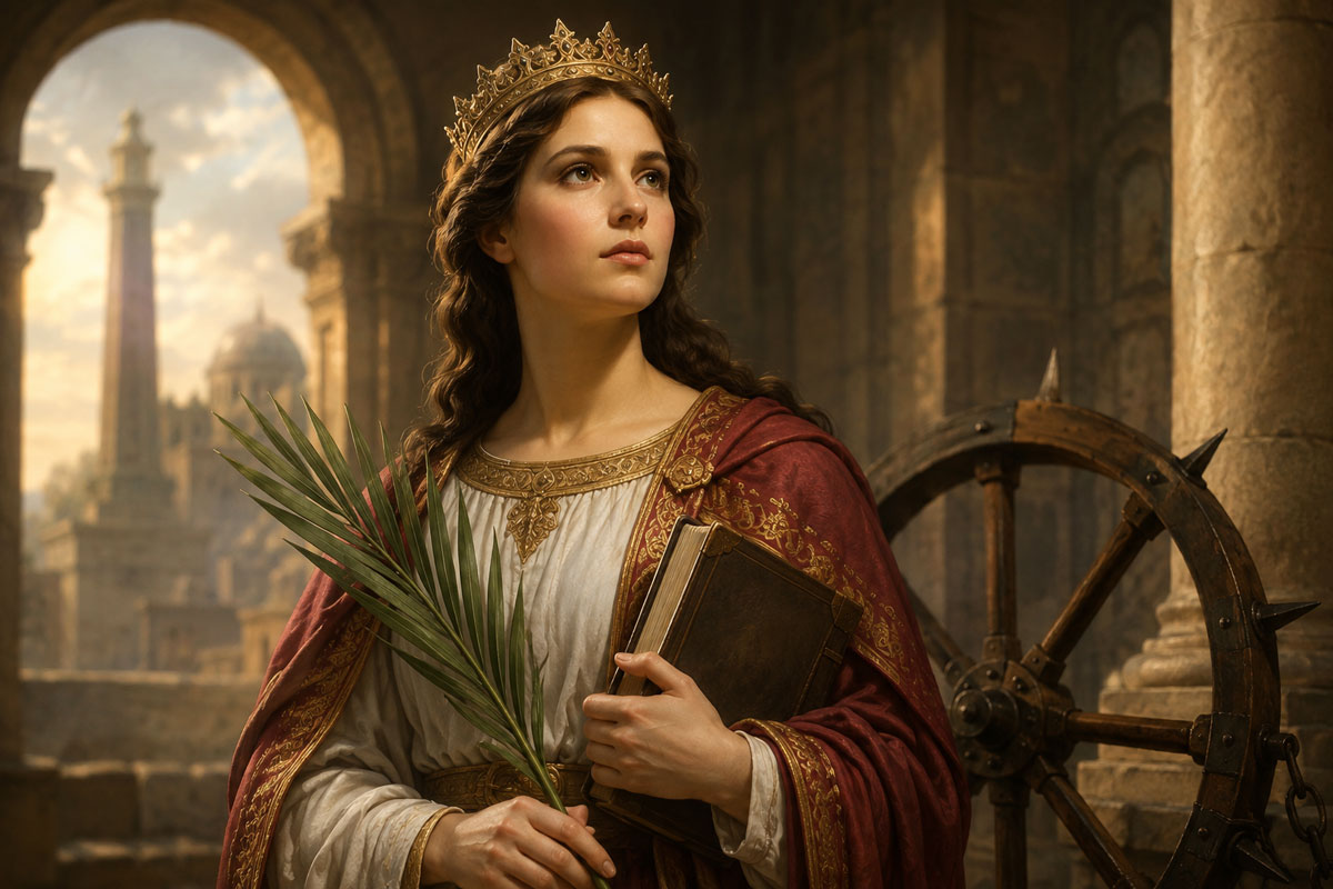 St. Catherine of Alexandria holding a palm branch and book beside the Catherine wheel, symbolizing her wisdom, courage, and Christian martyrdom.
