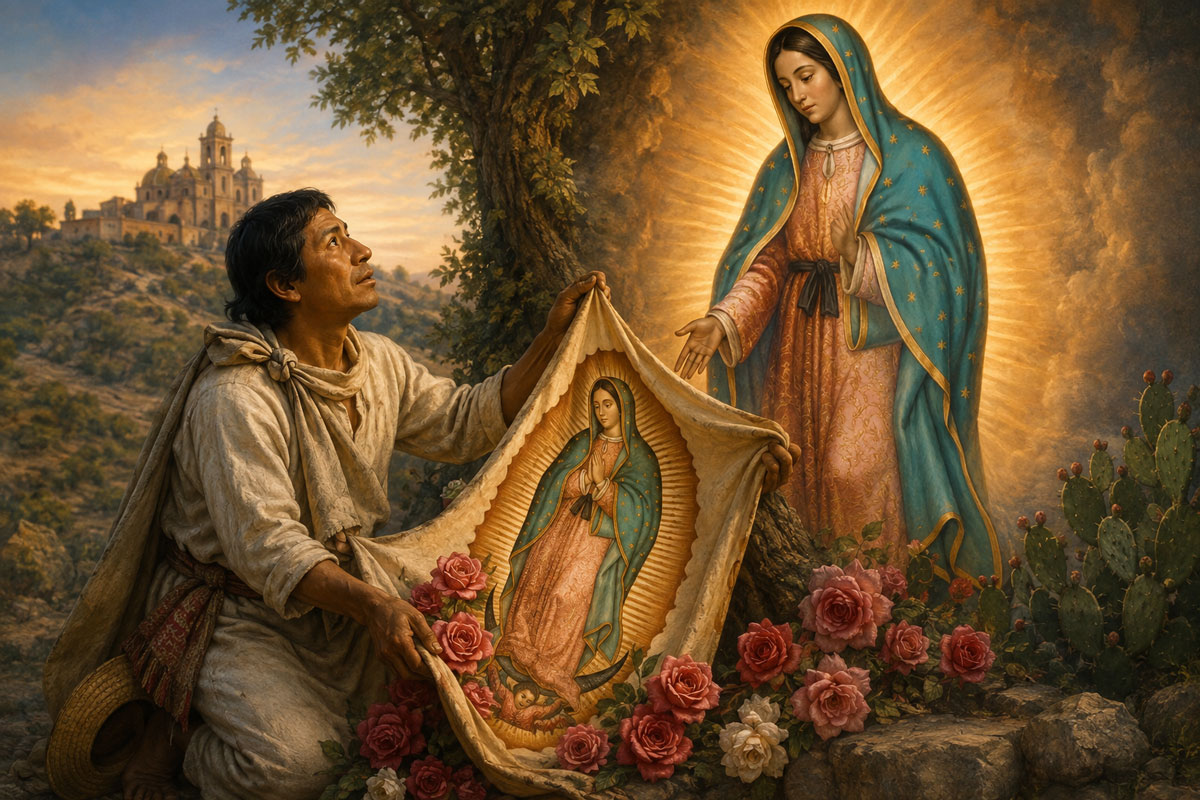 St. Juan Diego holding his tilma with the miraculous image of Our Lady of Guadalupe