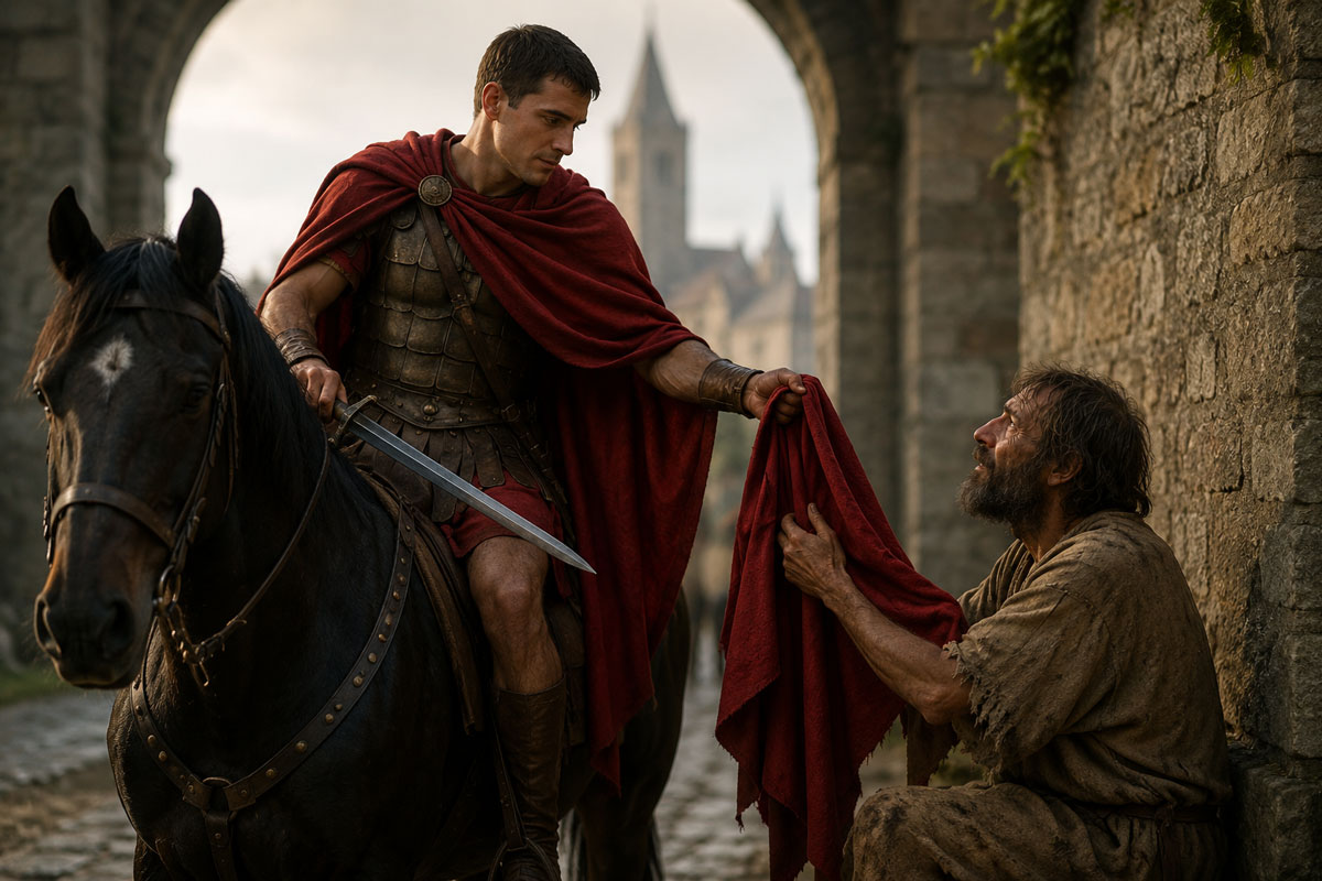 St. Martin of Tours sharing his red cloak with a poor man outside the city gates of Amiens.