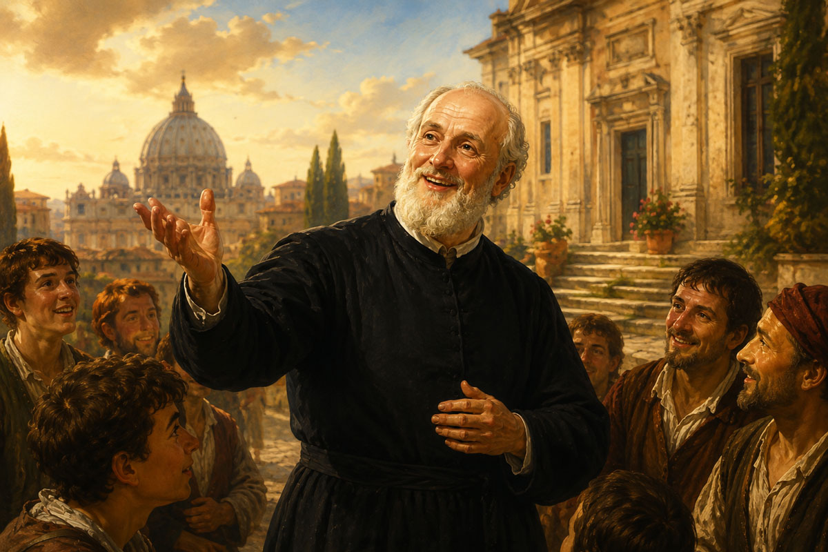 St. Philip Neri joyfully speaking with people in the streets of Rome, reflecting his warmth, friendship, and joyful Catholic faith.