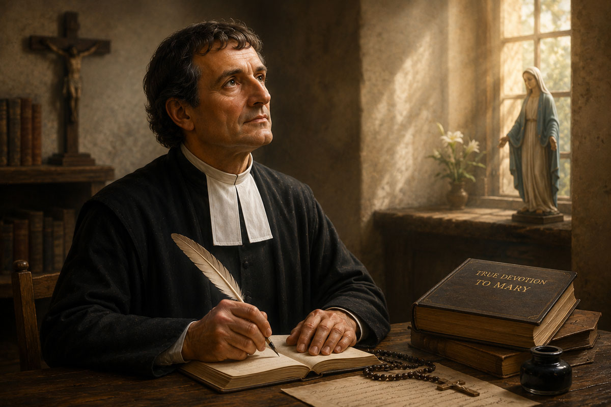 St. Louis de Montfort writing True Devotion to Mary in prayer beside a statue of the Blessed Virgin Mary.
