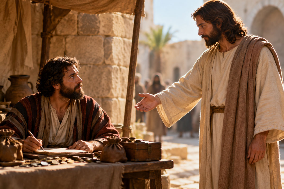 Jesus calling St. Matthew from his tax collector’s table, inspiring his conversion and journey as an Apostle.