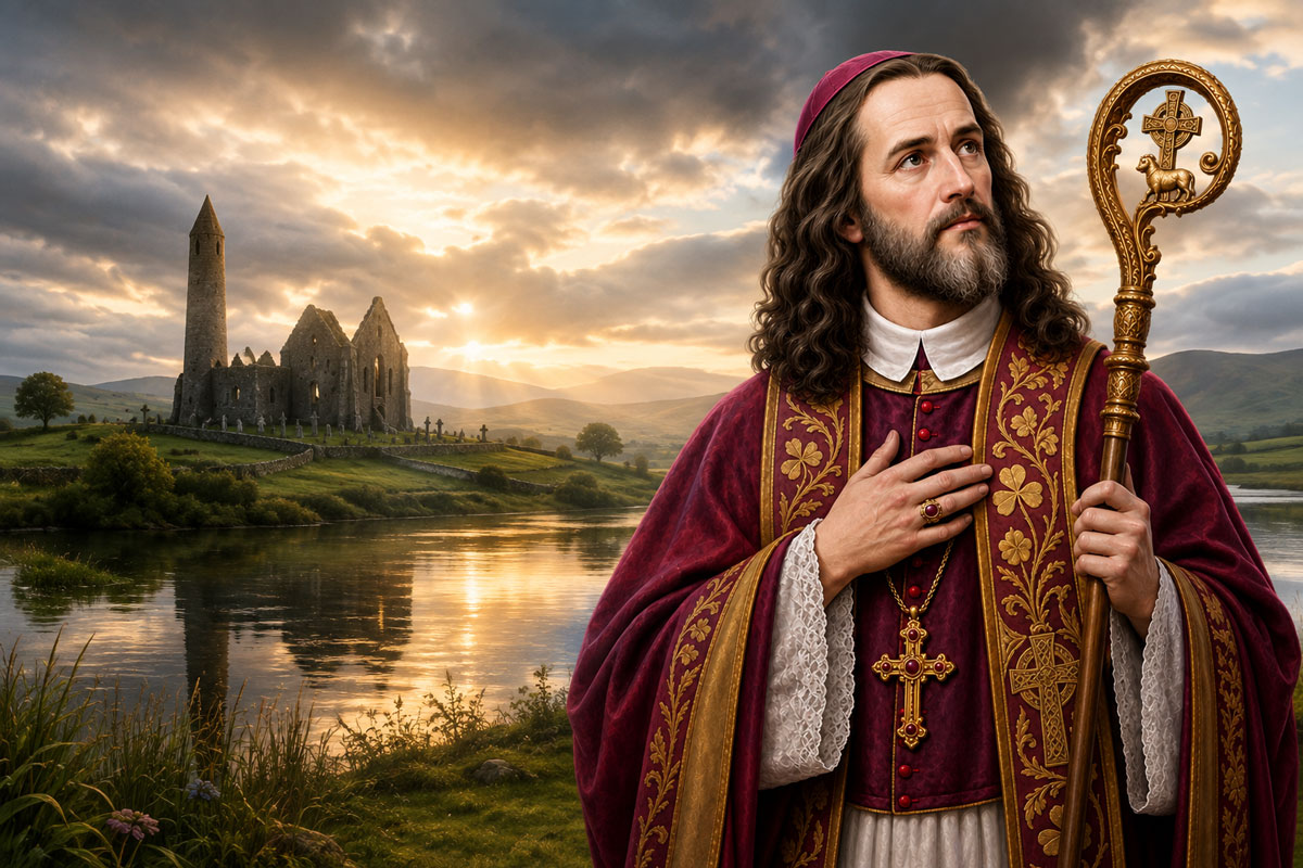 St. Oliver Plunkett in an Irish landscape with church ruins