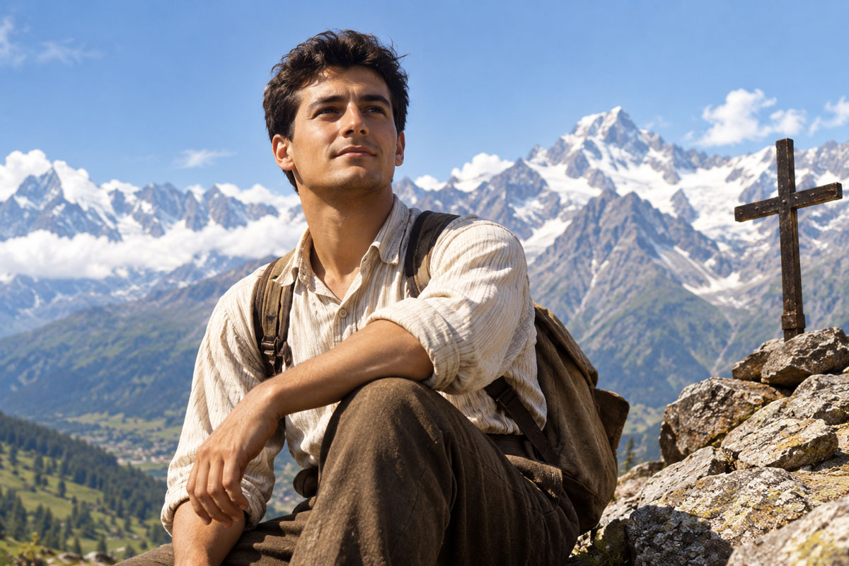 St. Pier Giorgio Frassati inspired image showing a young Catholic man in the mountains beside a cross, reflecting his faith, love of climbing, and Verso l’alto spirit.